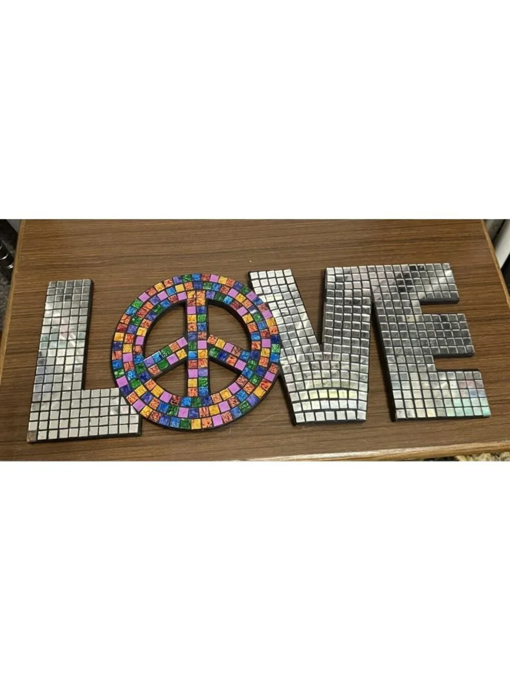 Mosaic Love With Peace Sign Mirror Tiles Mosaic Wall Plaque Pop Art Disco Boho